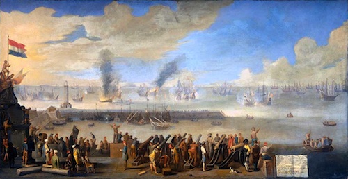 Depicted are English and Dutch ships fighting in the battle of Livorno (Leghorn) in 1653, during the Second Anglo-Dutch war.   Credit: The Battle of Livorno (Leghorn), 1660, Johannes Lingelbach, Rijksmuseum Amsterdam 